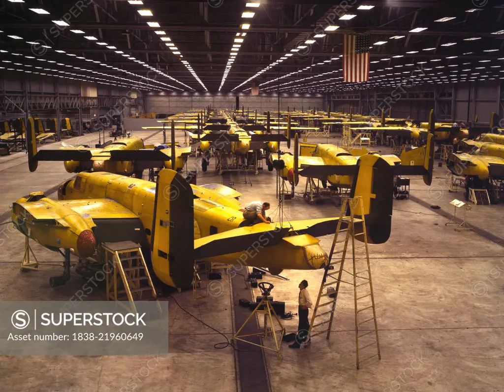 Workers Assembling B-25 Bombers, North American Aviation, Kansas City, Kansas, USA, Alfred T. Palmer for Office of War Information, October 1942