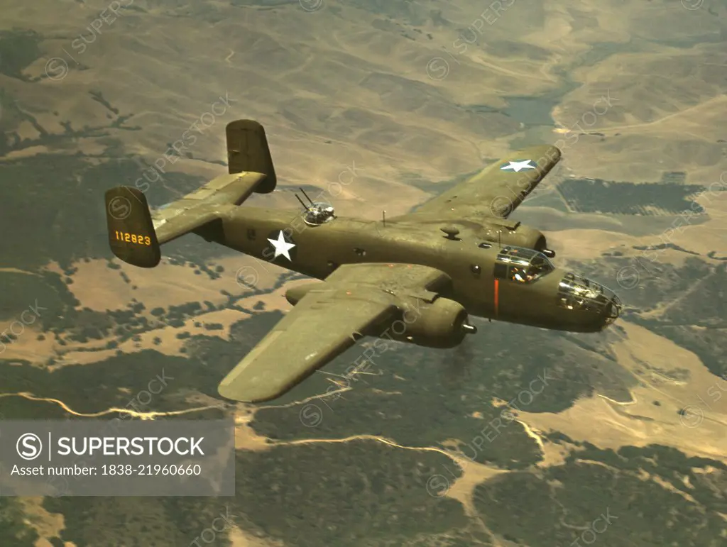 B-25 Medium Bomber during WWII Training Flight, North American Aviation, Inc., California, USA, Mark Sherwood for Office of War Information, October 1942