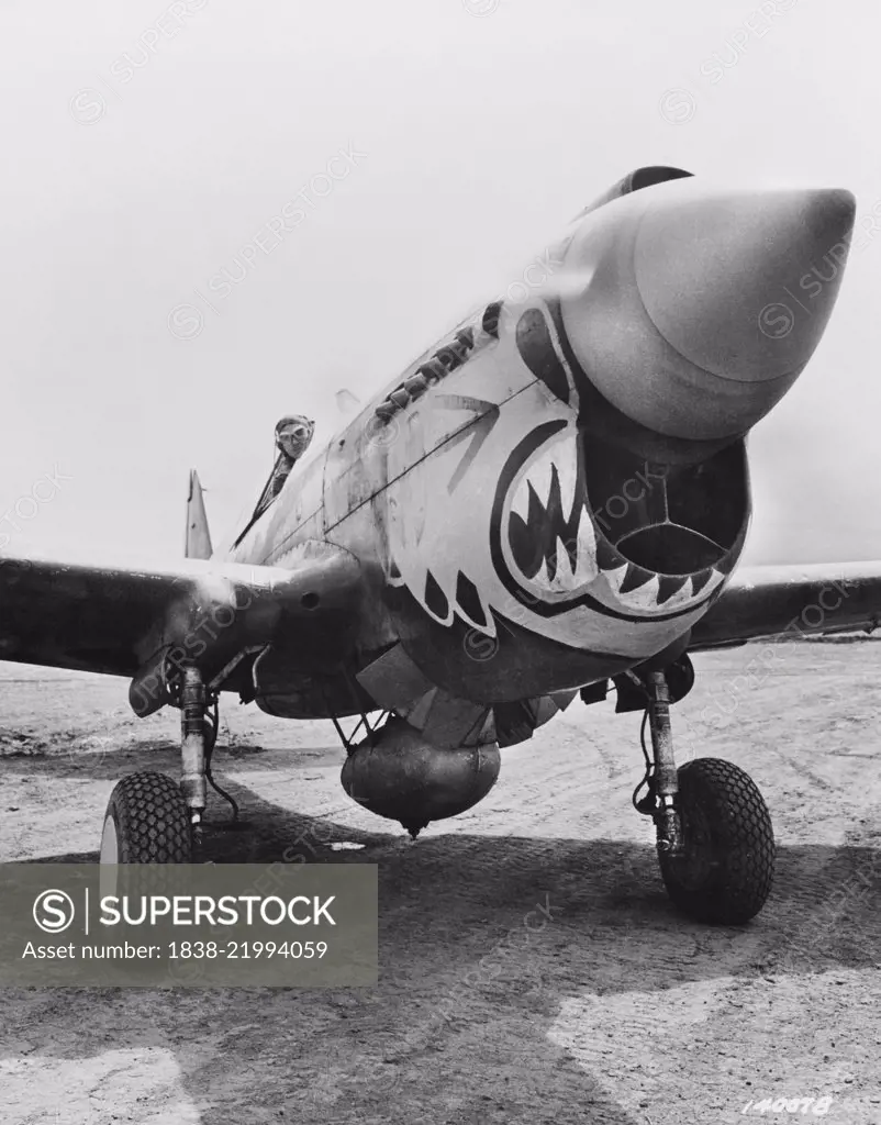 U.S. Major John Chennault and Curtis P-40 "Warhawk" Fighter Plane, "Flying Tiger", Ready for Take-Off, Alaska, Office of War Information, 1940's