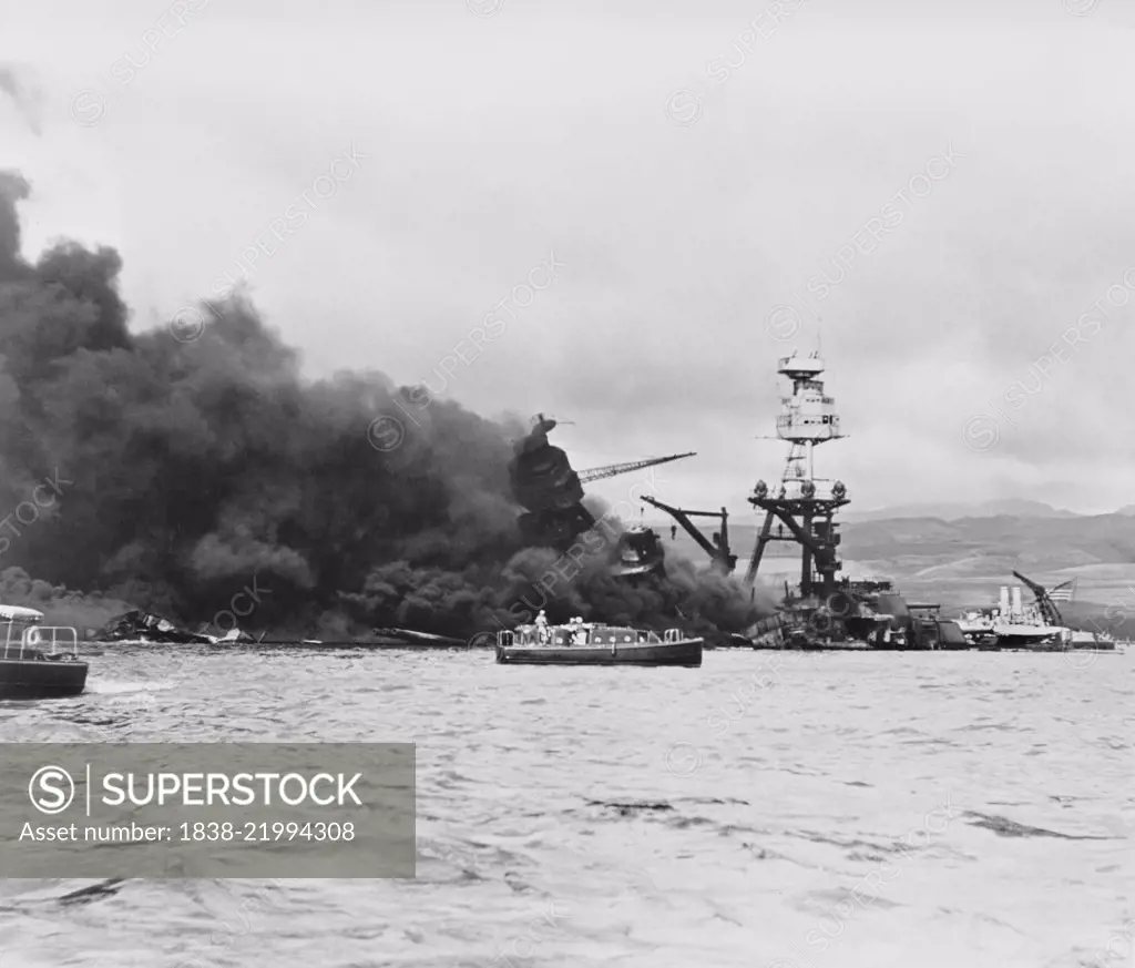 USS Arizona on Fire after Imperial Japanese Navy Air Service Attack, Pearl Harbor Hawaii, Office of Emergency Management, December 7, 1941