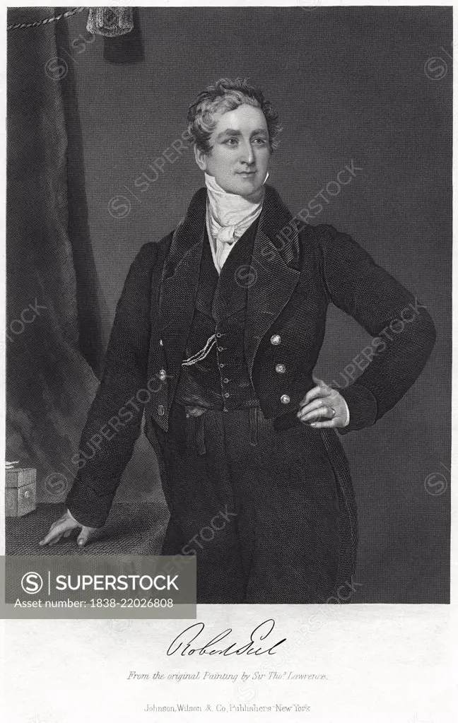 Sir Robert Peel (1788-1850), British Statesman and two-time Prime Minister, Engraving from an Original Painting by Sir Thomas Lawrence, Portrait Gallery of Eminent Men and Women in Europe and America, Johnson, Wilson & Company Publishing, New York, 1873