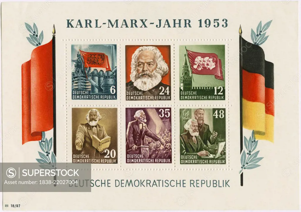 Karl Marx Commemorative Postage Stamp Sheet, East Germany, DDR, 1953