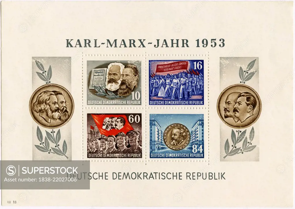 Karl Marx Commemorative Postage Stamp Sheet, East Germany, DDR, 1953