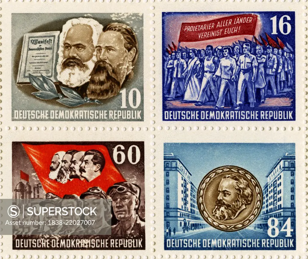 Stamps only from Karl Marx Commemorative Postage Stamp Sheet, East Germany, DDR, 1953