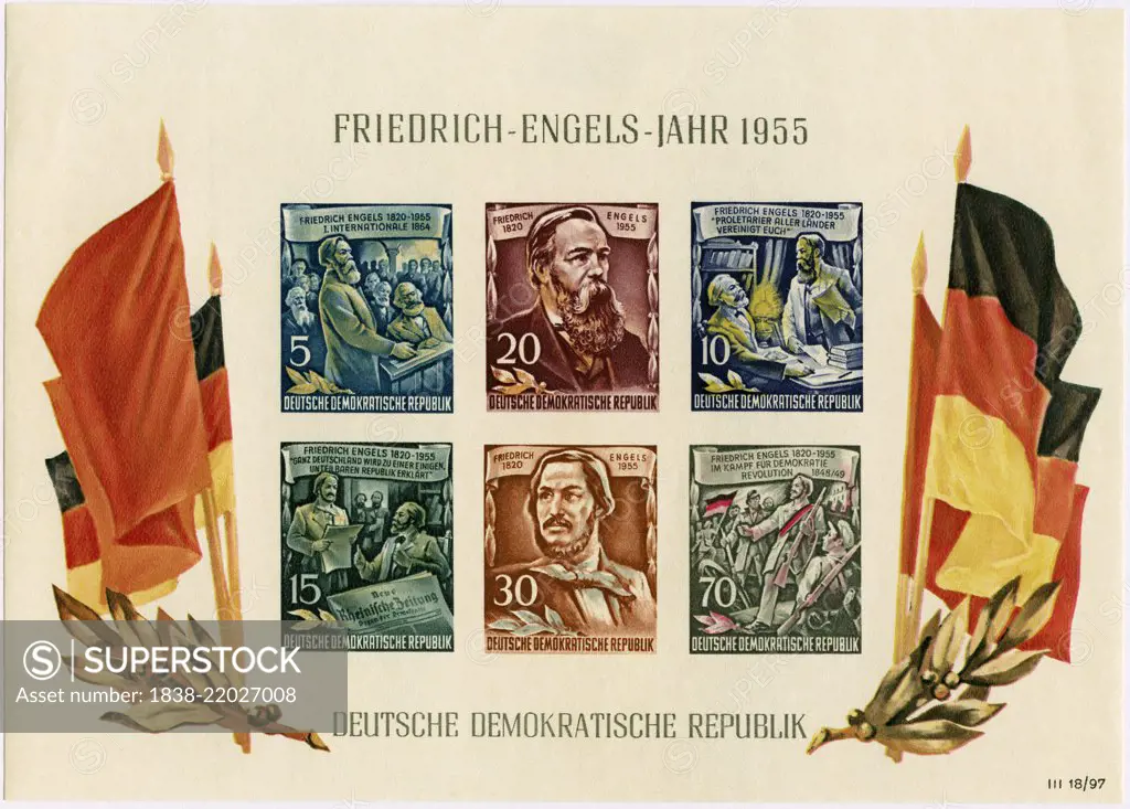 Friedrich Engels Commemorative Postage Stamp Sheet, East Germany, DDR, 1955