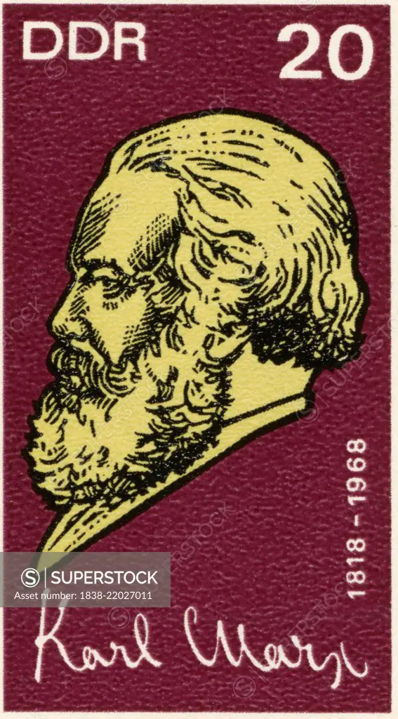 Karl Marx Stamp, Close-Up from Commemorative Postage Stamp Sheet Honoring Karl Marx 150th Birthday, East Germany, DDR, 1968 