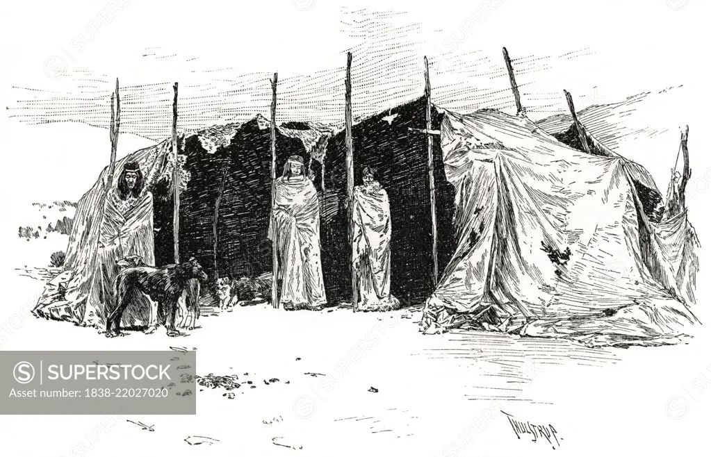 Patagonian Indian Native Family and Dwelling, Illustration by Thure de Thulstrup, Harper's Monthly Magazine