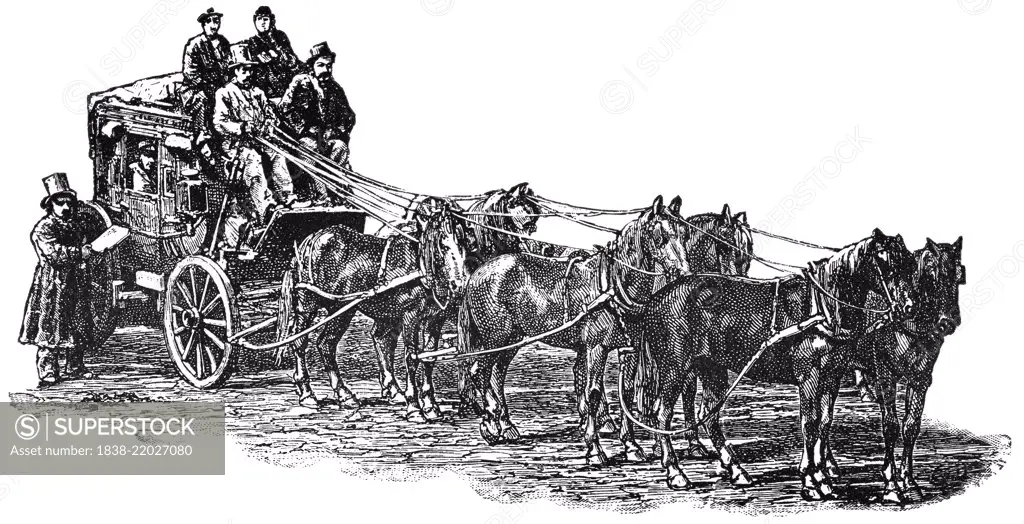 Six-Horse Stagecoach of the American West, USA, Illustration, Classical Portfolio of Primitive Carriers, by Marshall M. Kirman, World Railway Publ. Co., Illustration, 1895