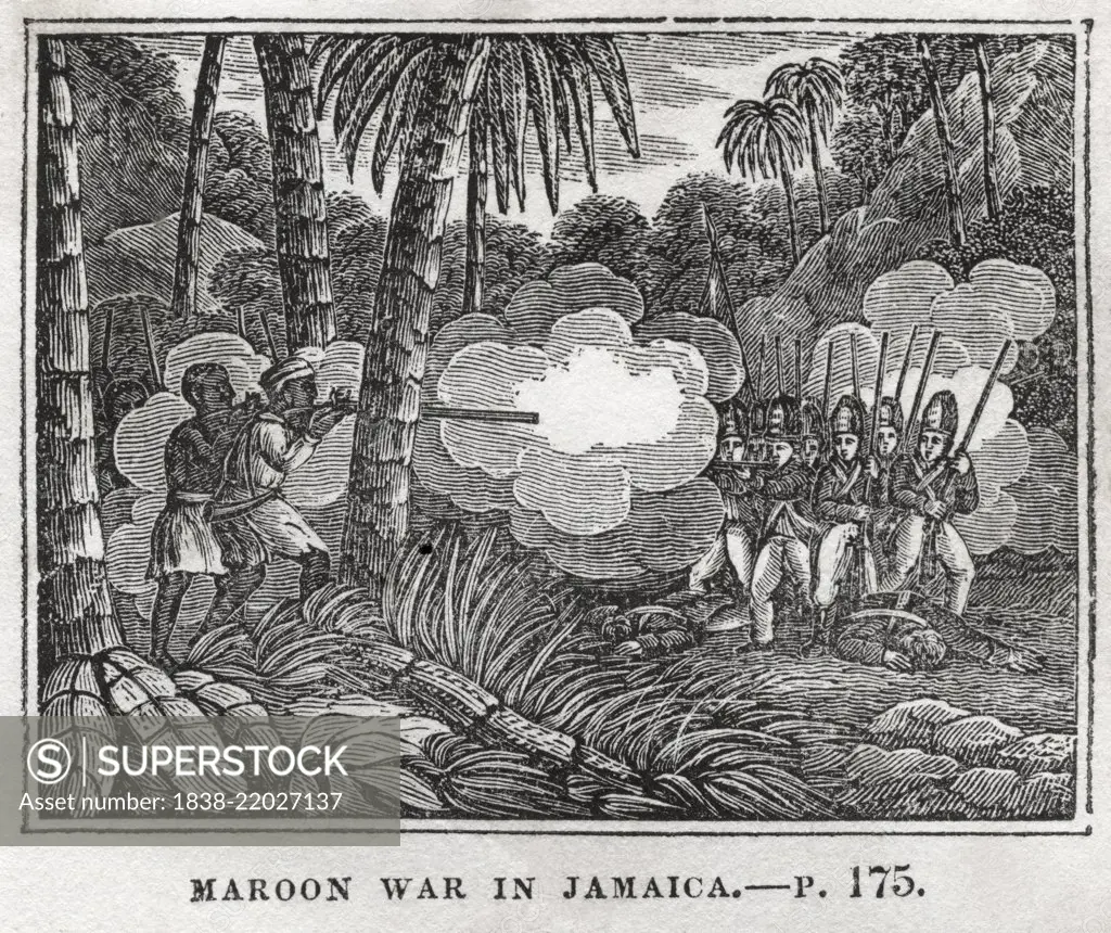 Maroon War in Jamaica, Illustration from the Book, Historical Cabinet, L.H. Young Publisher, New Haven, 1834