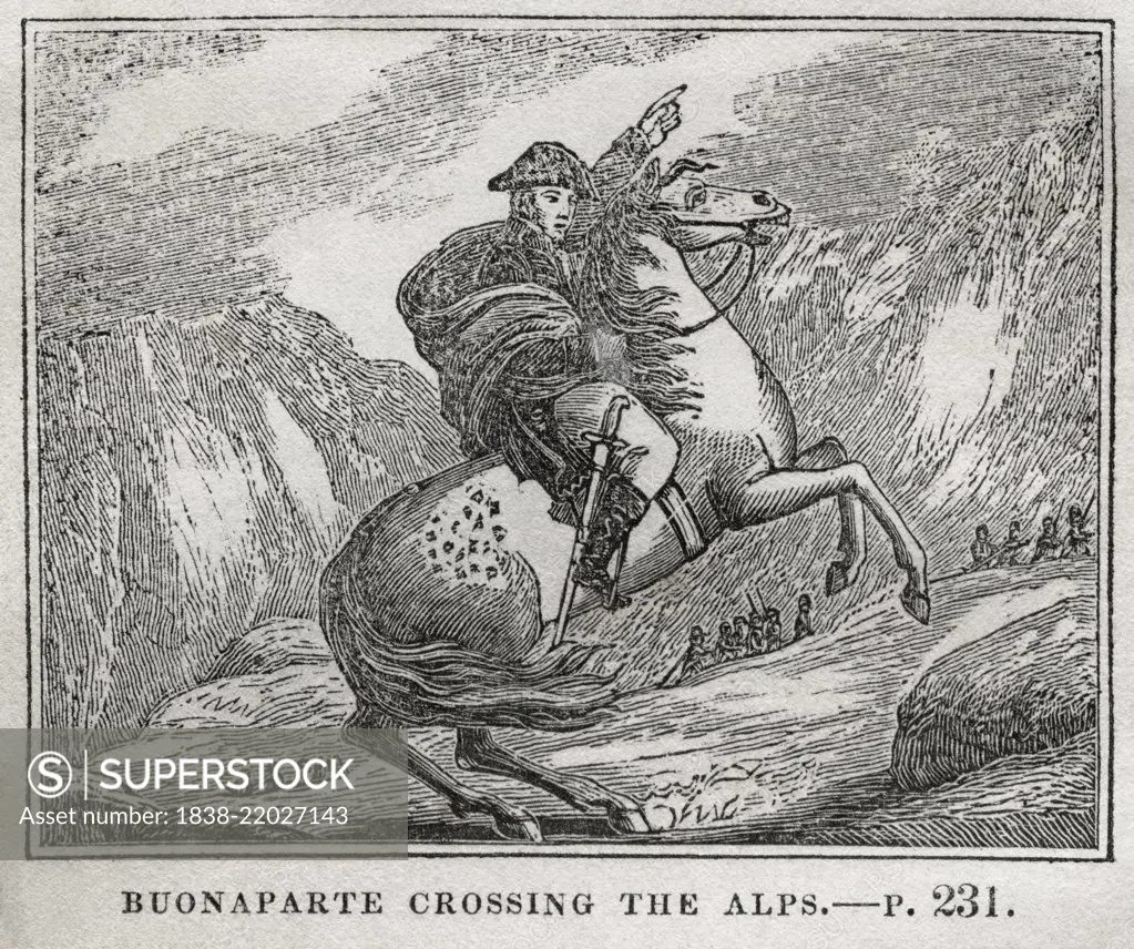 Buonaparte (Bonaparte) Crossing the Alps, Illustration from the Book, Historical Cabinet, L.H. Young Publisher, New Haven, 1834