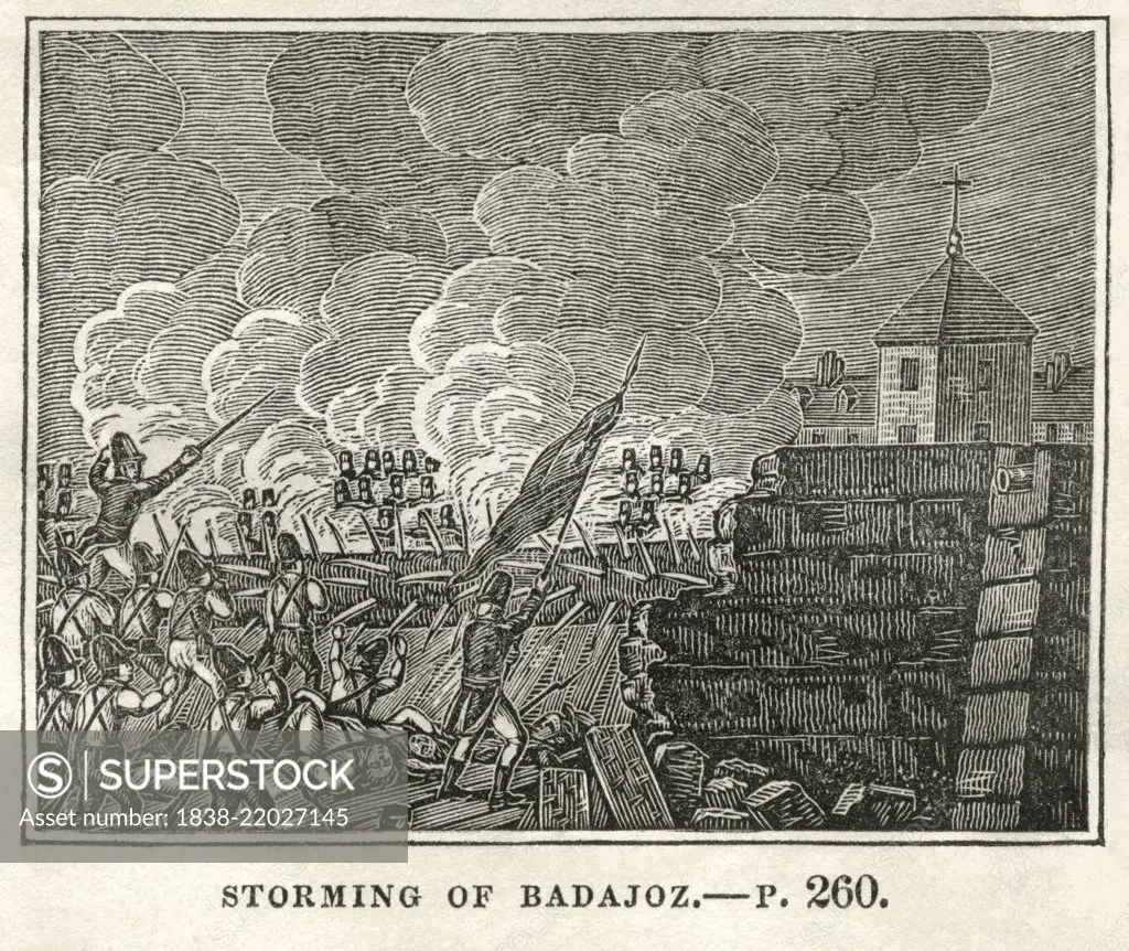 Storming of Badajoz, 1812, Illustration from the Book, Historical Cabinet, L.H. Young Publisher, New Haven, 1834