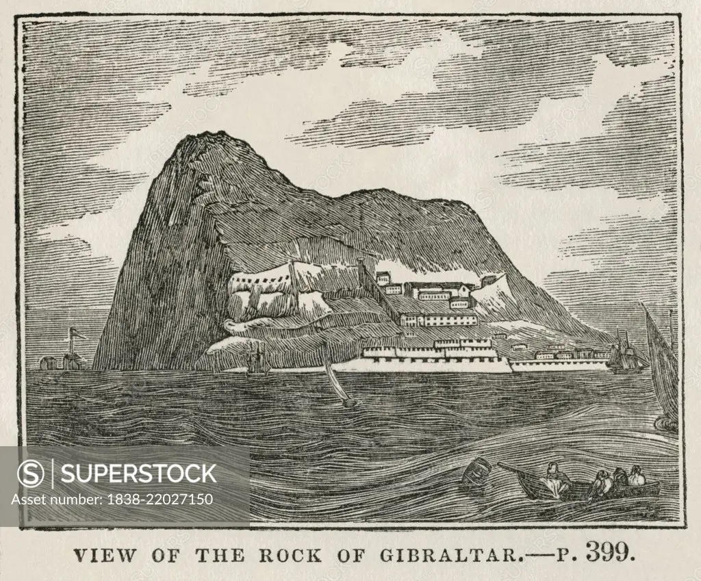 View of the Rock of Gibraltar, Illustration from the Book, Historical Cabinet, L.H. Young Publisher, New Haven, 1834