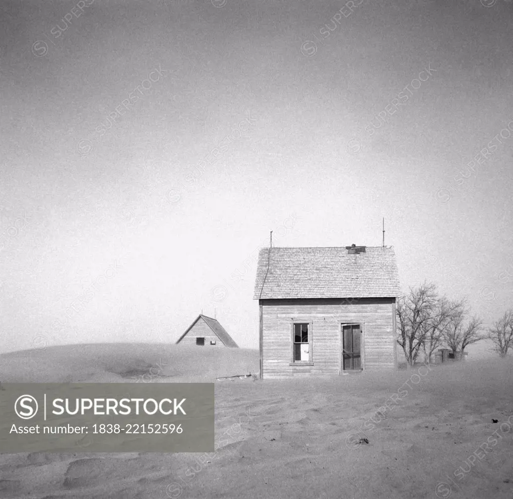 Sand Whirling Around House and Barn, Cimarron County, Oklahoma, USA, Arthur Rothstein, Farm Security Administration, April 1936