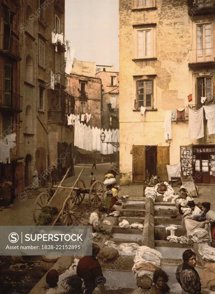 Street with Washerwomen, Italy, Photochrome Print, Detroit Publishing Company, 1900