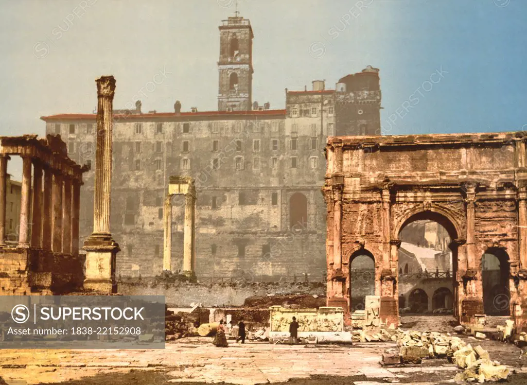 Temple of Saturn and Triumphal Arch of Septimus Severus, Rome, Italy, Photochrome Print, Detroit Publishing Company, 1900