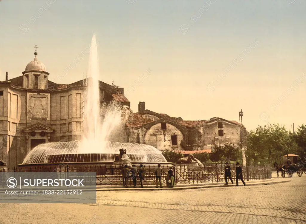 New Fountain and Diocletian's Spring, Rome, Italy, Photochrome Print, Detroit Publishing Company, 1900