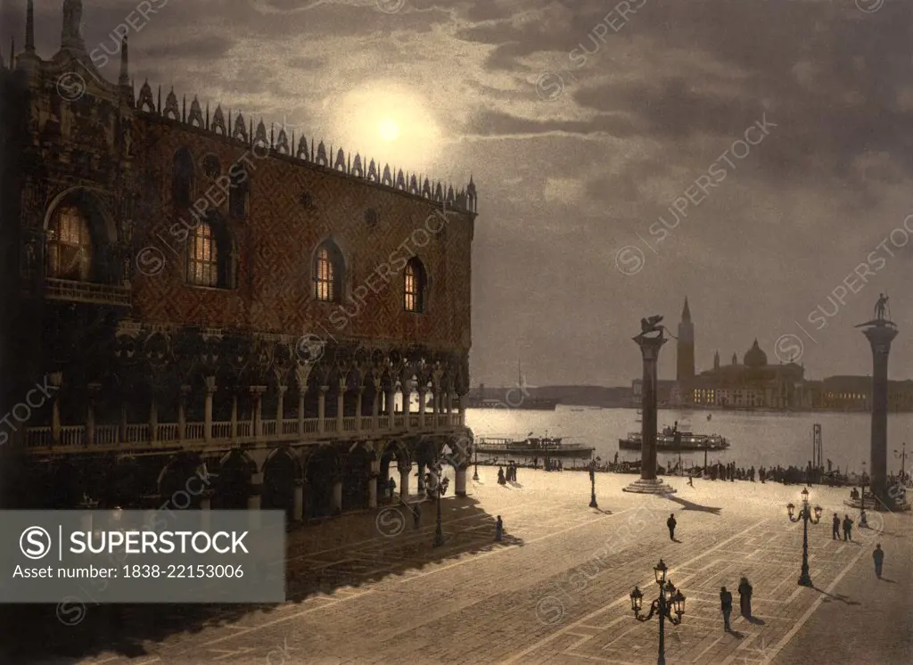 Piazzetta and San Giorgio by Moonlight, Venice, Italy, Photochrome Print, Detroit Publishing Company, 1900