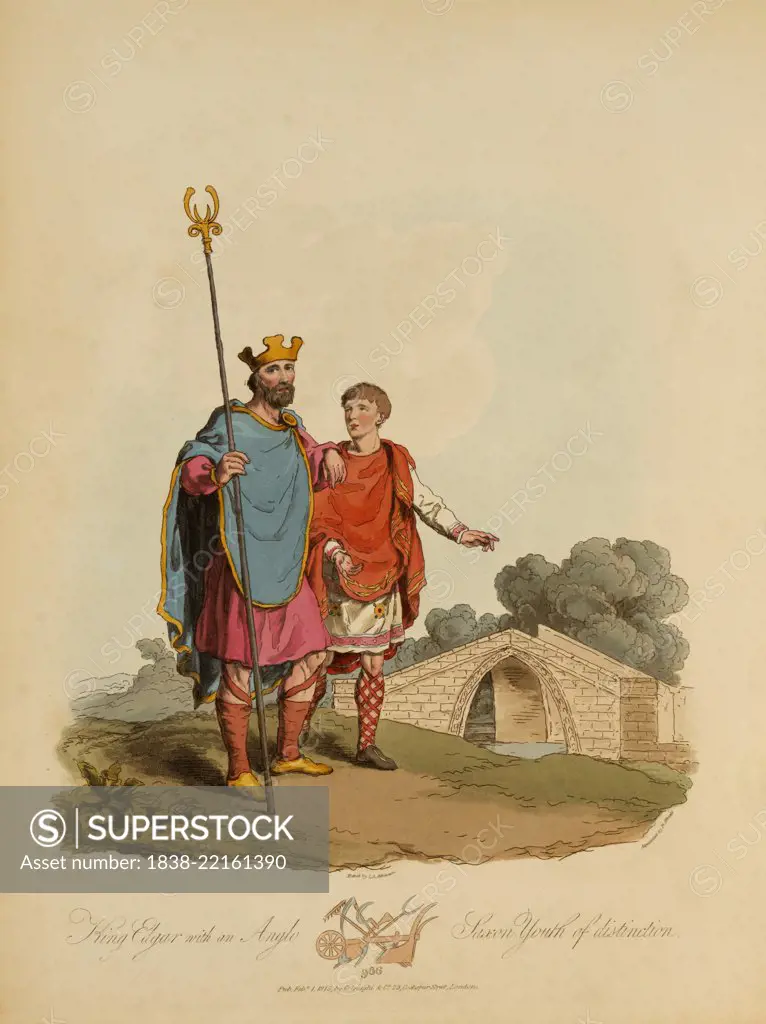 King Edgar with an Anglo Saxon Youth of Distinction, 966, Etching by I.A. Atkinson, 1815