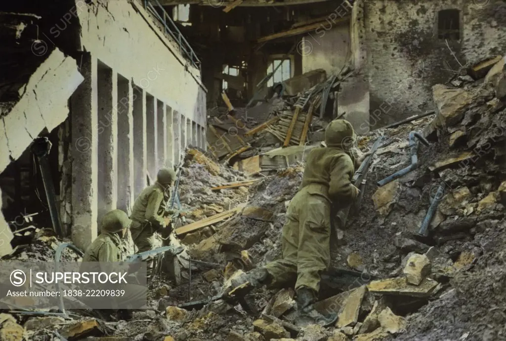 Infantrymen Searching for Snipers, Prum, Germany, Rhineland Campaign, 1945