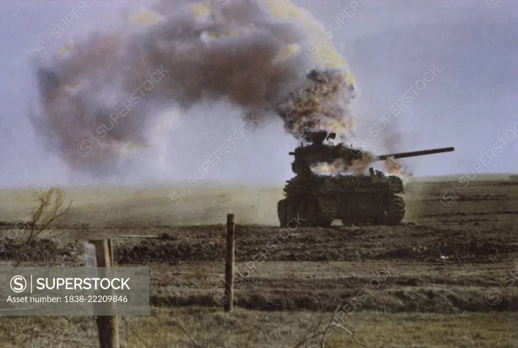 Medium Tank of Armored Division of U.S. First Army Knocked out by Enemy Artillery Fire, Rhineland Campaign, Germany, 1945