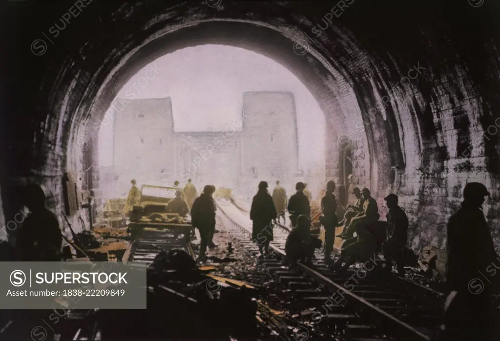 First Army Men and Equipment Crossing Ludendorff Railroad Bridge, Remagen, Germany, Rhineland Campaign, 1945