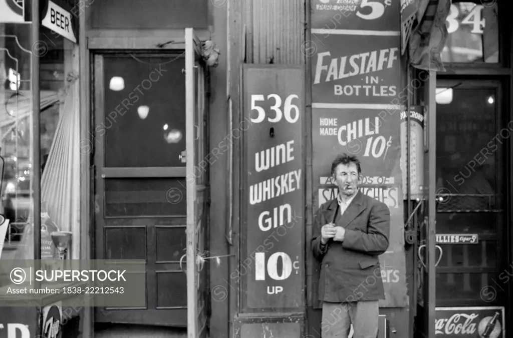 Man Smoking Cigar outside Diner, South State Street, Chicago, Illinois, USA, John Vachon, Farm Security Administration, July 1941