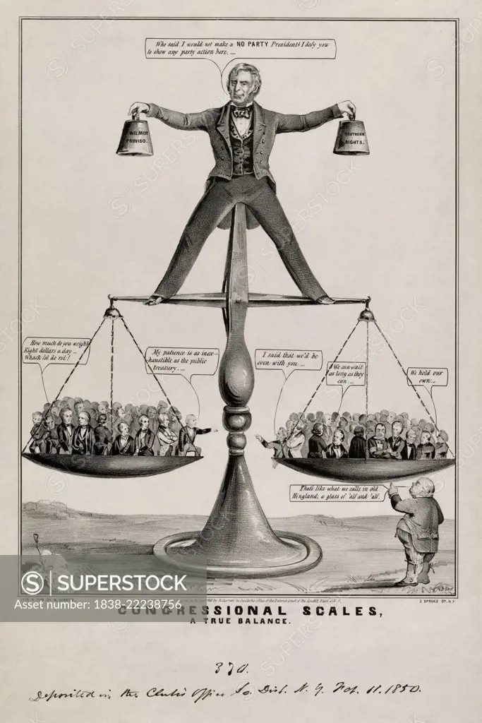 Congressional Scales, a True Balance, Satire on U.S. President Zachary Taylor's attempts to Balance Southern and Northern Interests on the Question of Slavery, Lithograph, Nathaniel Currier, 1850