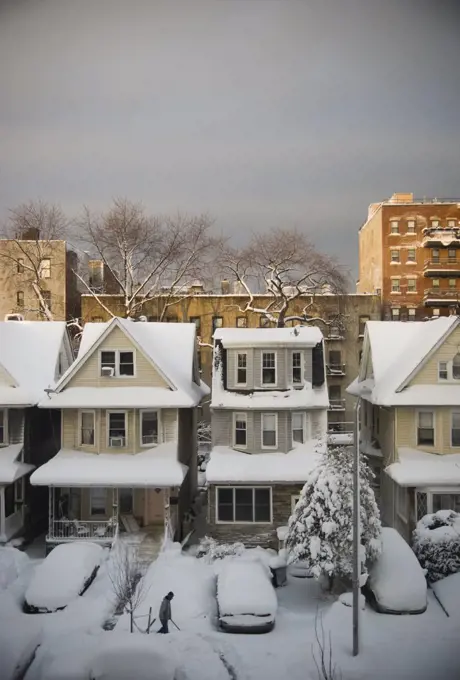 Snow Covered Winter Street, Brooklyn, New York City, USA