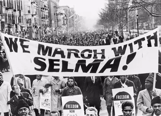 Marchers carrying banner "We March with Selma!" on street in Harlem, New York City, New York, USA, Stanley Wolfson, World Telegram & Sun, March 1965