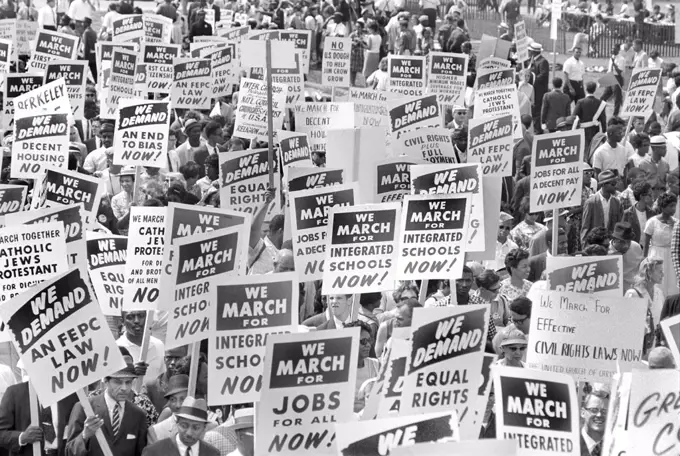 Protesters with Signs at March on Washington for Jobs and Freedom, Washington, D.C., USA, photo by Marion S. Trikosko, August 28, 1963