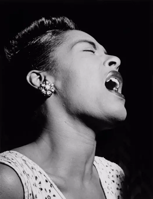 Billie Holiday, Head and Shoulders Portrait, Club Downbeat, 66 West 52nd Street, New York City, New York, USA, William P. Gottlieb, February 1947
