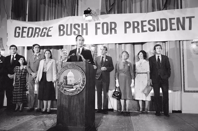 George H.W. Bush announcing his candidacy for President, his wife Barbara Bush, mother Dorothy Walker Bush and his children in Background, Thomas J. O'Halloran, May 1, 1979