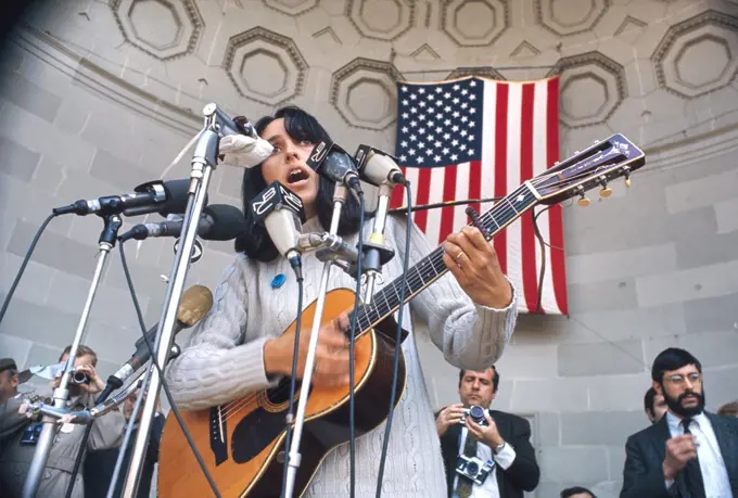 American Musician, Joan Baez performing at Anti-draft demonstration, Central Park Band shell, New York City, New York, USA, Bernard Gotfryd, 1968