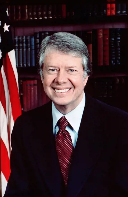 U.S. President Jimmy Carter, head and shoulders Portrait next to American Flag, Washington DC, USA, Karl Schumacher, January 31, 1977