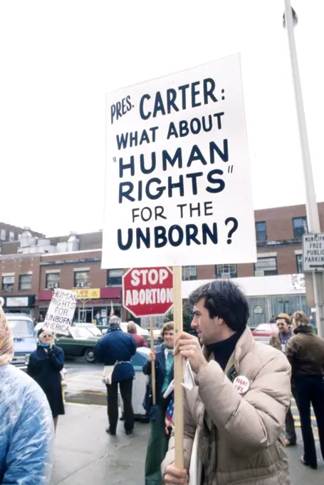 Protesters holding Anti-Abortion Signs during U.S. President Jimmy Carter's visit to Clinton, Massachusetts, USA, Bernard Gotfryd, March 16-17, 1977