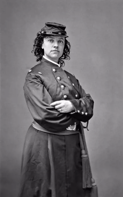 Pauline Cushman (1833-1893), American Actress and Spy for Union Army during American Civil War, three-quarter length Portrait wearing Military Uniform, Mathew Brady Studio, 1864