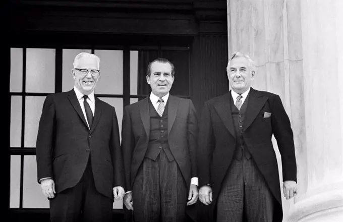 U.S. President Richard Nixon (center) with new Chief Justice Warren E. Burger (right), Washington, D.C., USA, Marion S. Trikosko, US News & World Report Magazine Collection, June 23, 1969