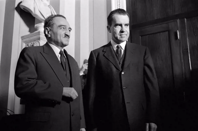 Anastas Mikoyan, First Deputy Chairman of the Council of Ministers of the Soviet Union with U.S. Vice President Richard Nixon, half-length Portrait, Washington, D.C., USA, Thomas J. O'Halloran, US News & World Report Magazine Collection, January 6, 1959