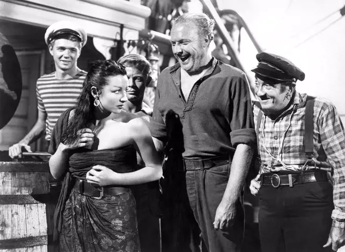 (l-r) Claude Jarman Jr., Vera Ralston, Howard Petrie, Paul Fix, on-set of the Film, "Fair Wind to Java", Republic Pictures, 1953