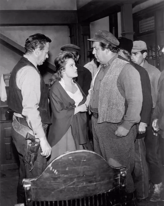 Ulla Jacobsson (center), Jacques Aubuchon (right), on-set of the TV Series "The Virginian", Episode: "The Final Hour", Revue Studios, 1963