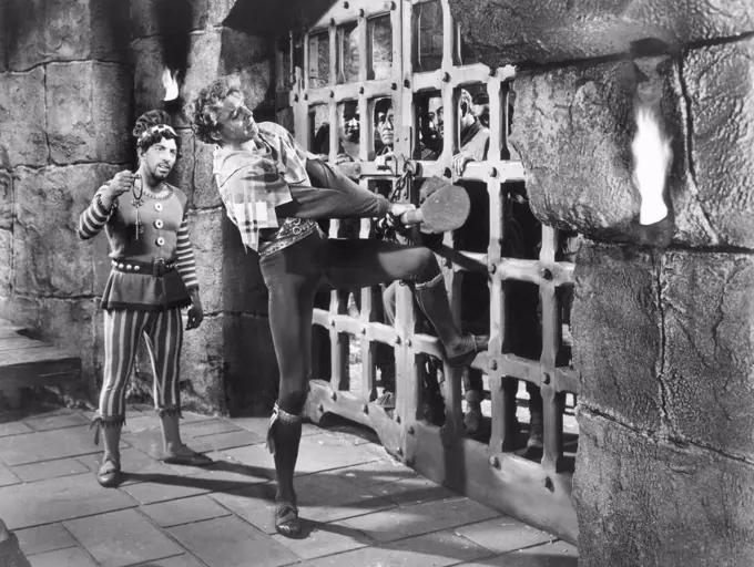 Nick Cravat, Burt Lancaster (center), on-set of the Film, "The Flame and the Arrow", Warner Bros., 1950