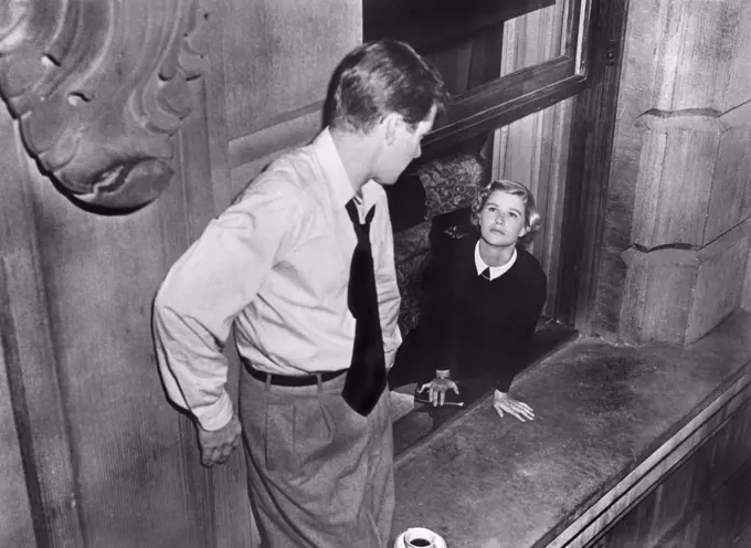 Richard Basehart, Barbara Bel Geddes, on-set of the Film, "Fourteen Hours", 20th Century-Fox, 1951