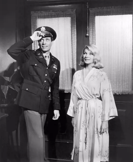 Mel Ferrer, Dolores Michaels, on-set of the Film, "Fraulein", 20th Century-Fox, 1958