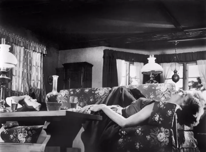 Birgitte Federspiel, Preben Lerdorff Rye, on-set of the Danish Film, "A Stranger Knocks", Original Title: "En Fremmed Banker Pa", 1959, USA release via Trans-Lux, 1963