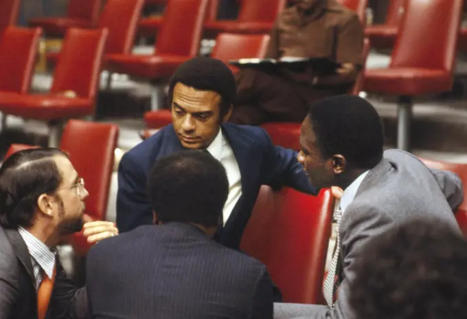 Andrew Young, U.S. Ambassador to the United Nations, speaking with colleagues, United Nations, New York City, New York, USA, Bernard Gotfryd, 1979