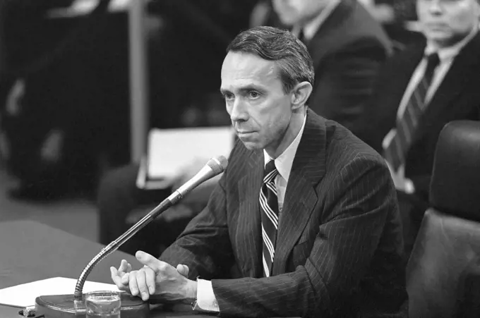 David Souter, half-length portrait, testifying during his confirmation hearings for Supreme Court Associate Justice, Washington, DC, USA, Laura Patterson, Roll Call Photograph Collection, September 17, 1990