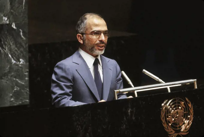 King Hussein of Jordan addressing United Nations, New York City, New York, USA, Bernard Gotfryd, September 1979