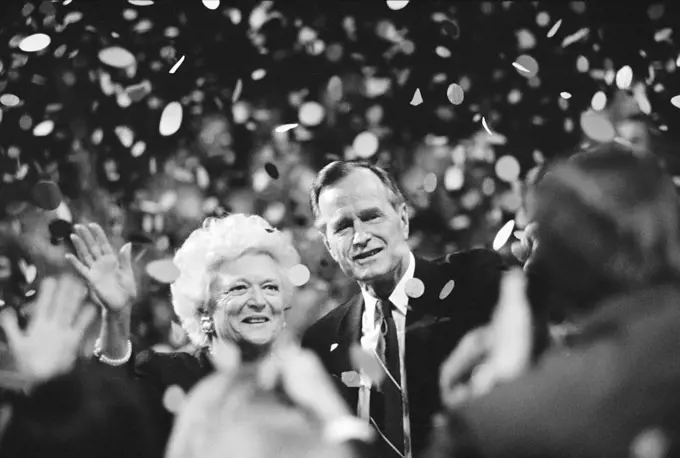 U.S. President George H.W. Bush and his wife Barbara Bush acknowledge crowd during Republican National Convention, Houston, Texas, USA, Laura Patterson, Roll Call Photograph Collection, August 1992