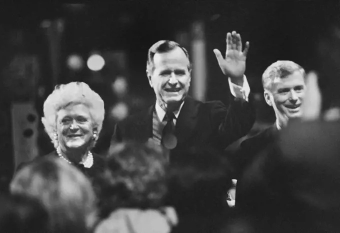 U.S. President George H.W. Bush, his wife Barbara Bush and U.S. Vice President Dan Quayle acknowledge crowd during Republican National Convention, Houston, Texas, USA, Laura Patterson, Roll Call Photograph Collection, August 1992