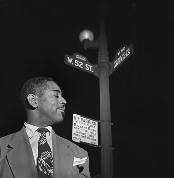Dizzy Gillespie, head and shoulders Profile, West 52nd Street, New York City, New York, USA, William P. Gottlieb, 1946